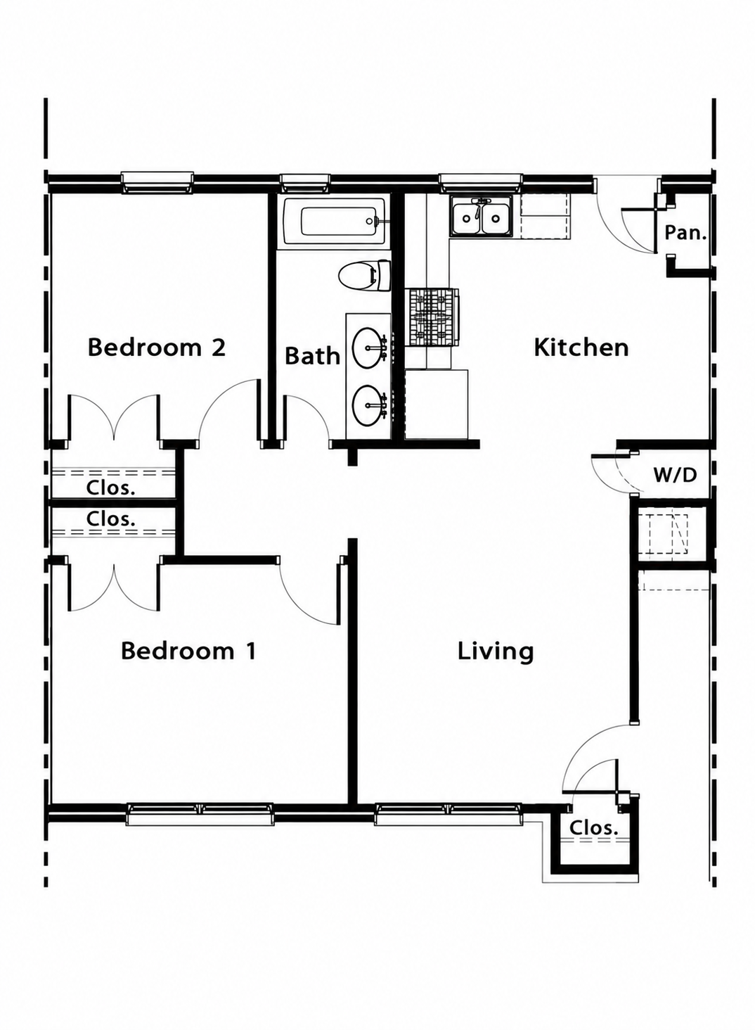 Representative two-bedroom WRV floor plan: bedrooms on the left; kitchen opposite, bathroom between kitchen and second bedroom.