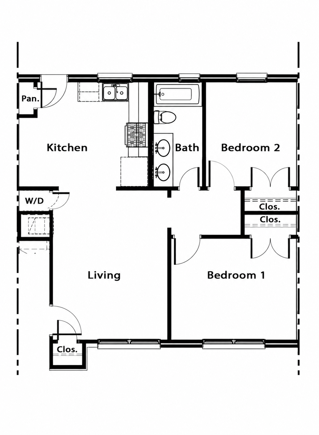 Representative two-bedroom WRV floor plan: bedrooms on the right; kitchen opposite, bathroom between kitchen and second bedroom.